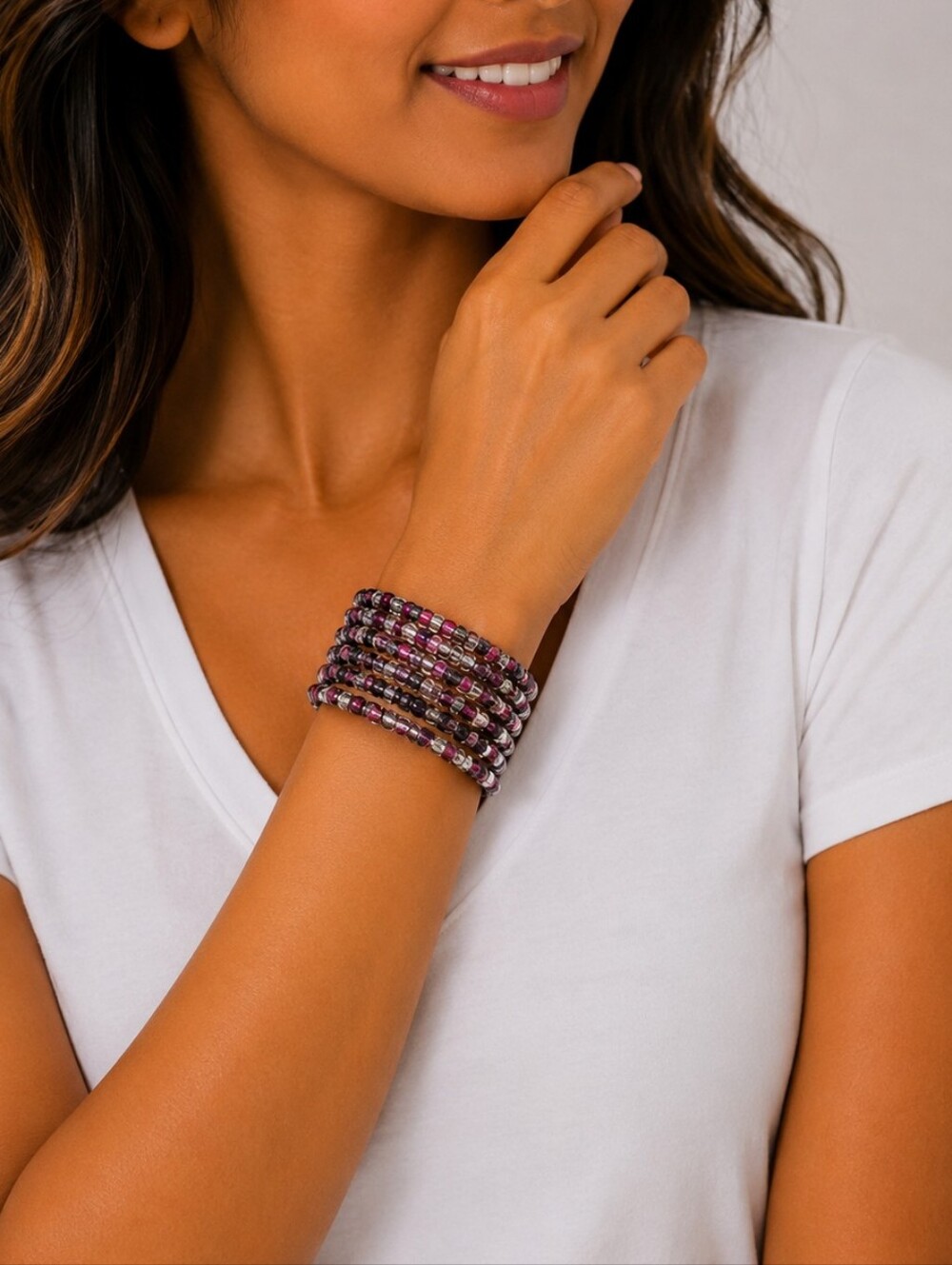 💎Multi Strand Purple Pink Seed Bead Wrap Bracelet Boho Memory Wire Cuff